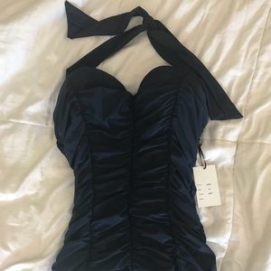 Navy Blue One-Piece ruffled overlay swim suit
